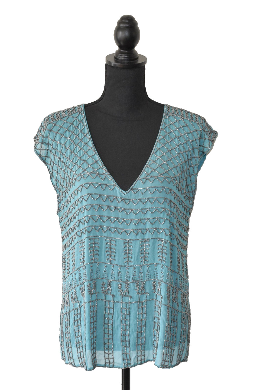 A5 Auth GRYPHON NEW YORK Teal Silk Intricate Silver Beaded Blouse Top Size M